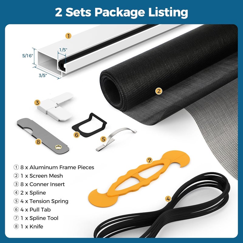 augblinds Store 2 Sets Window Screen Frame Kit, 5/16 in x 3/5 in x 46 Inch, Makes Two Complete Screen 46" x 46" or Smaller, Includes Premium Screen Mesh, 8 Heavy Duty Corners & Durable Spline, White - Image 2